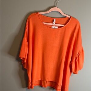 Glam Orange Sparkle Blouse Large Short Ruffle Sleeve